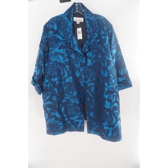 Caroline Rose NWT Navy & Turquoise Floral Jacquard Artsy Jacket Plus Size 3X - Picture 1 of 12